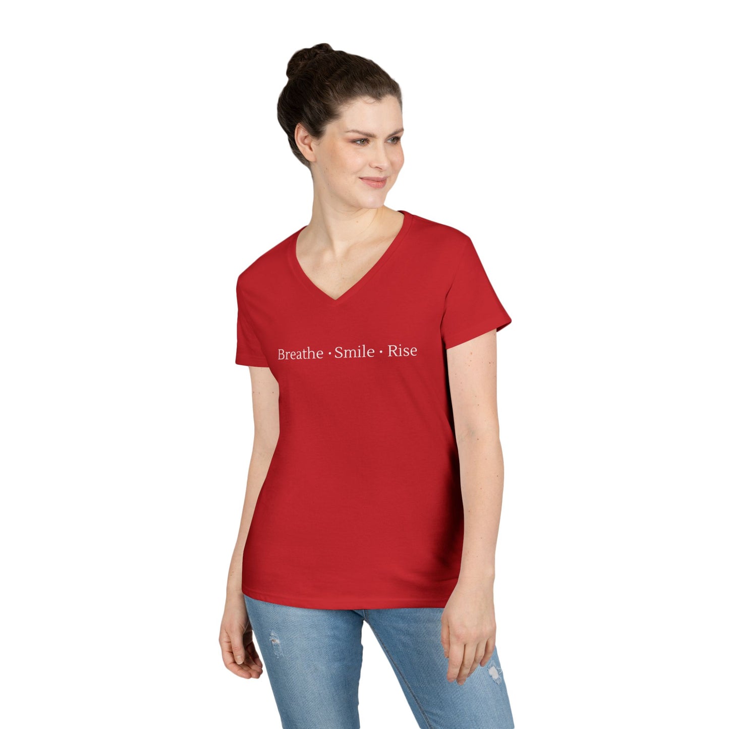 Inspirational Ladies' V-Neck T-Shirt - "Breathe, Smile, Rise"